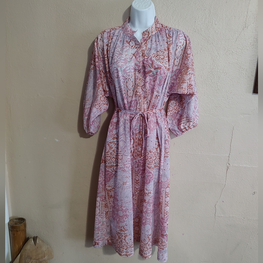 Vintage 1970's Dress Spring Floral & Bird Print Size Large XLarge Kenny Classics